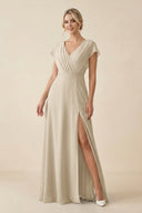 V - Neck Cap Sleeve Chiffon Bridesmaid Dress with Cut - out Back in Champagne - KissProm Bridesmaid Dresses