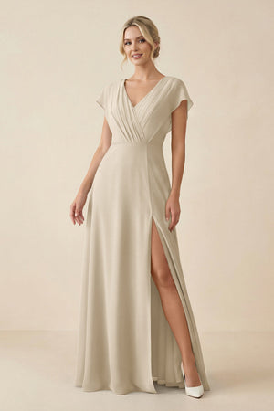 V - Neck Cap Sleeve Chiffon Bridesmaid Dress with Cut - out Back in Champagne - KissProm Bridesmaid Dresses