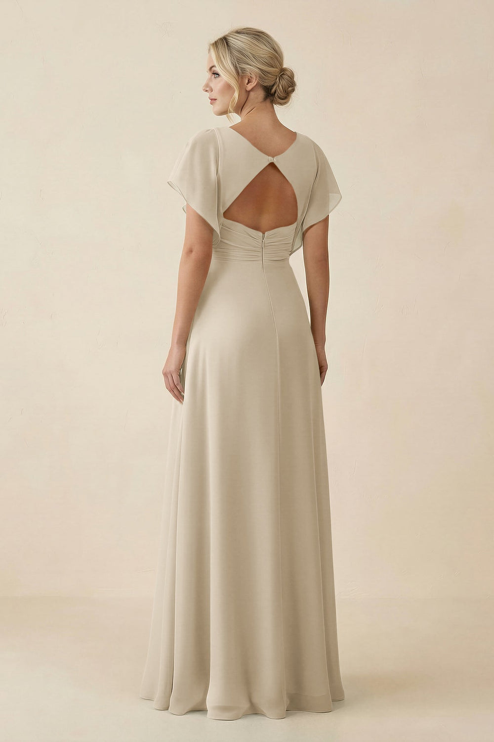 V - Neck Cap Sleeve Chiffon Bridesmaid Dress with Cut - out Back in Champagne - KissProm Bridesmaid Dresses