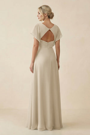 V - Neck Cap Sleeve Chiffon Bridesmaid Dress with Cut - out Back in Champagne - KissProm Bridesmaid Dresses