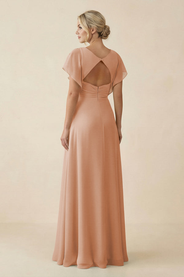 V - Neck Cap Sleeve Chiffon Bridesmaid Dress with Cut - out Back in Champagne Rose - KissProm Bridesmaid Dresses