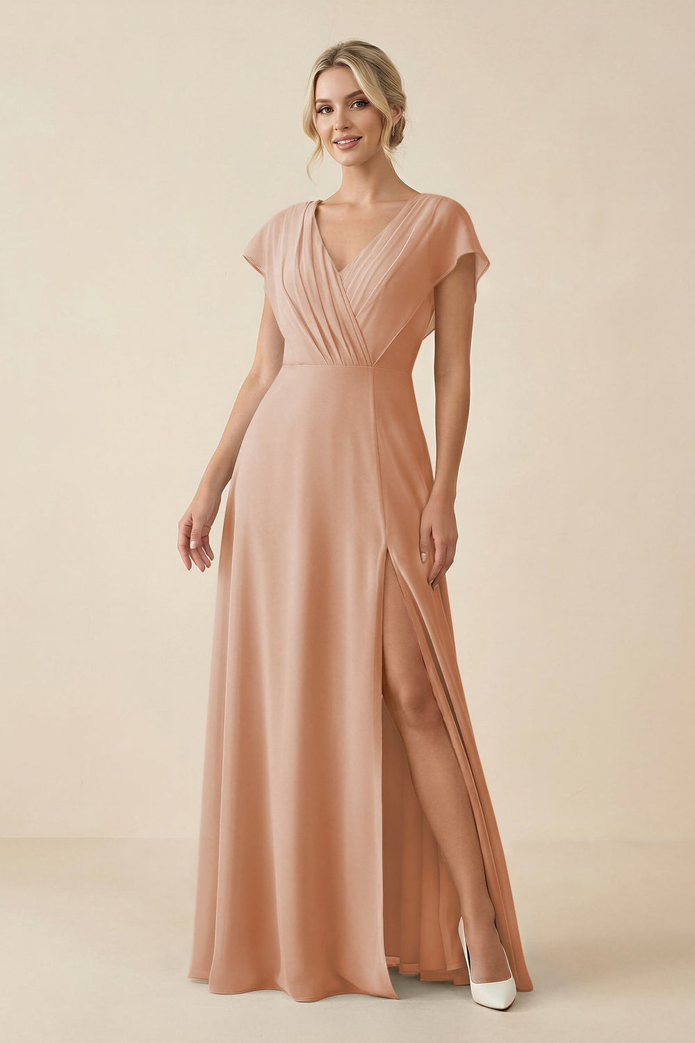 V - Neck Cap Sleeve Chiffon Bridesmaid Dress with Cut - out Back in Champagne Rose - KissProm Bridesmaid Dresses