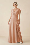 V - Neck Cap Sleeve Chiffon Bridesmaid Dress with Cut - out Back in Champagne Rose - KissProm Bridesmaid Dresses