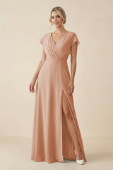 V - Neck Cap Sleeve Chiffon Bridesmaid Dress with Cut - out Back in Champagne Rose - KissProm Bridesmaid Dresses
