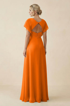 V - Neck Cap Sleeve Chiffon Bridesmaid Dress with Cut - out Back in Cinnamon - KissProm Bridesmaid Dresses