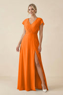 V - Neck Cap Sleeve Chiffon Bridesmaid Dress with Cut - out Back in Cinnamon - KissProm Bridesmaid Dresses