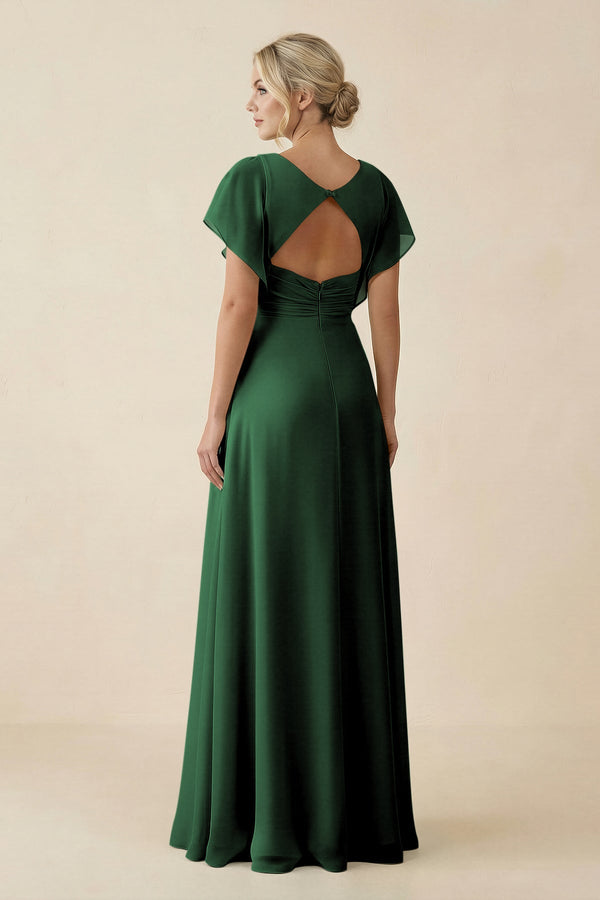 KissProm V-Neck Cap Sleeve Chiffon Bridesmaid Dress with Cut-out Back in Dark Green, Dark Green / 26