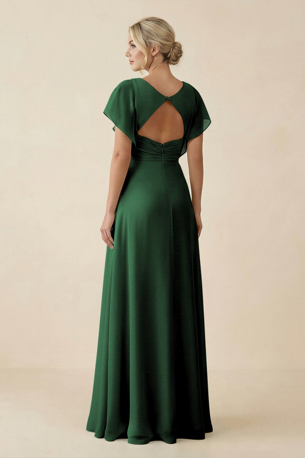 V - Neck Cap Sleeve Chiffon Bridesmaid Dress with Cut - out Back in Dark Green - KissProm Bridesmaid Dresses