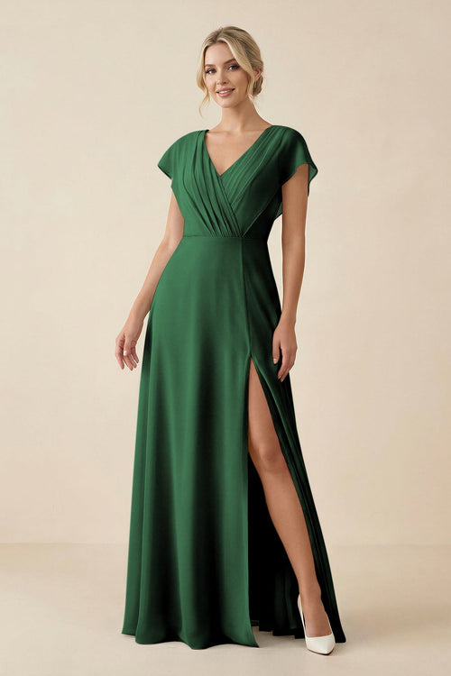KissProm V-Neck Cap Sleeve Chiffon Bridesmaid Dress with Cut-out Back in Dark Green, Dark Green / 26