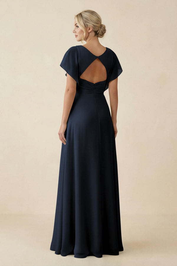 V - Neck Cap Sleeve Chiffon Bridesmaid Dress with Cut - out Back in Dark Navy - KissProm Bridesmaid Dresses
