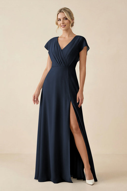 KissProm V-Neck Cap Sleeve Chiffon Bridesmaid Dress with Cut-out Back in Dark Navy, Dark Navy / 16