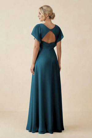 V - Neck Cap Sleeve Chiffon Bridesmaid Dress with Cut - out Back in Dark Teal - KissProm Bridesmaid Dresses