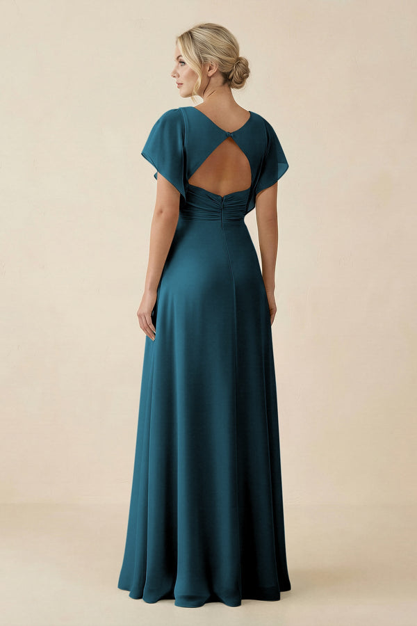 V - Neck Cap Sleeve Chiffon Bridesmaid Dress with Cut - out Back in Dark Teal - KissProm Bridesmaid Dresses