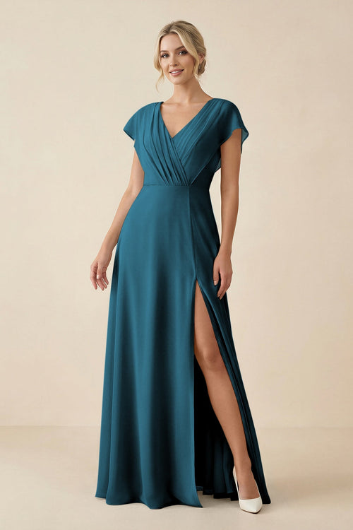 KissProm V-Neck Cap Sleeve Chiffon Bridesmaid Dress with Cut-out Back in Dark Teal, Dark Teal / 6