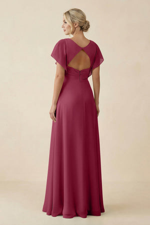 V - Neck Cap Sleeve Chiffon Bridesmaid Dress with Cut - out Back in Desert Rose - KissProm Bridesmaid Dresses