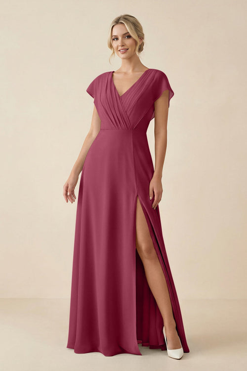 V-Neck Cap Sleeve Chiffon Bridesmaid Dress with Cut-out Back in Desert Rose