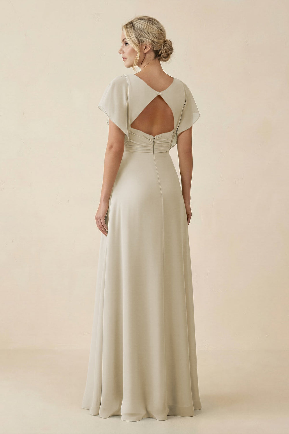 V - Neck Cap Sleeve Chiffon Bridesmaid Dress with Cut - out Back in Dove Gray - KissProm Bridesmaid Dresses
