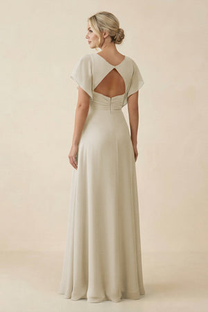 V - Neck Cap Sleeve Chiffon Bridesmaid Dress with Cut - out Back in Dove Gray - KissProm Bridesmaid Dresses