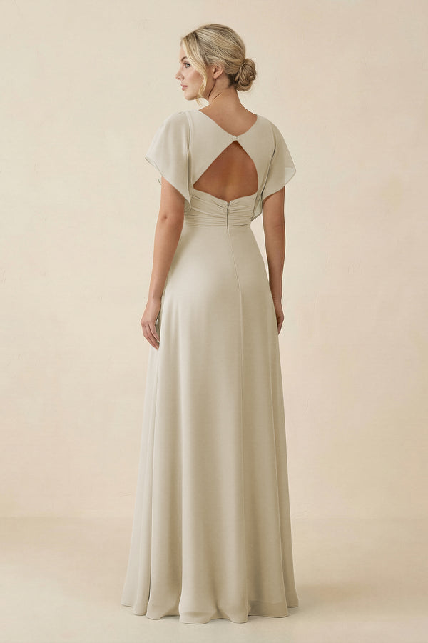 V - Neck Cap Sleeve Chiffon Bridesmaid Dress with Cut - out Back in Dove Gray - KissProm Bridesmaid Dresses