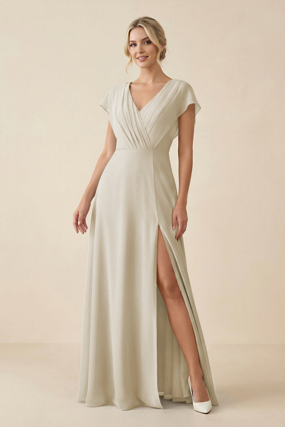 V - Neck Cap Sleeve Chiffon Bridesmaid Dress with Cut - out Back in Dove Gray - KissProm Bridesmaid Dresses