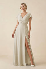 V - Neck Cap Sleeve Chiffon Bridesmaid Dress with Cut - out Back in Dove Gray - KissProm Bridesmaid Dresses