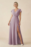 V - Neck Cap Sleeve Chiffon Bridesmaid Dress with Cut - out Back in Dusk - KissProm Bridesmaid Dresses