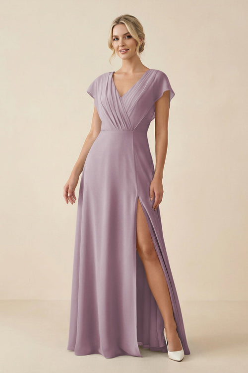 V - Neck Cap Sleeve Chiffon Bridesmaid Dress with Cut - out Back in Dusk - KissProm Bridesmaid Dresses