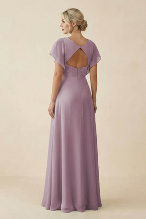 V - Neck Cap Sleeve Chiffon Bridesmaid Dress with Cut - out Back in Dusk - KissProm Bridesmaid Dresses