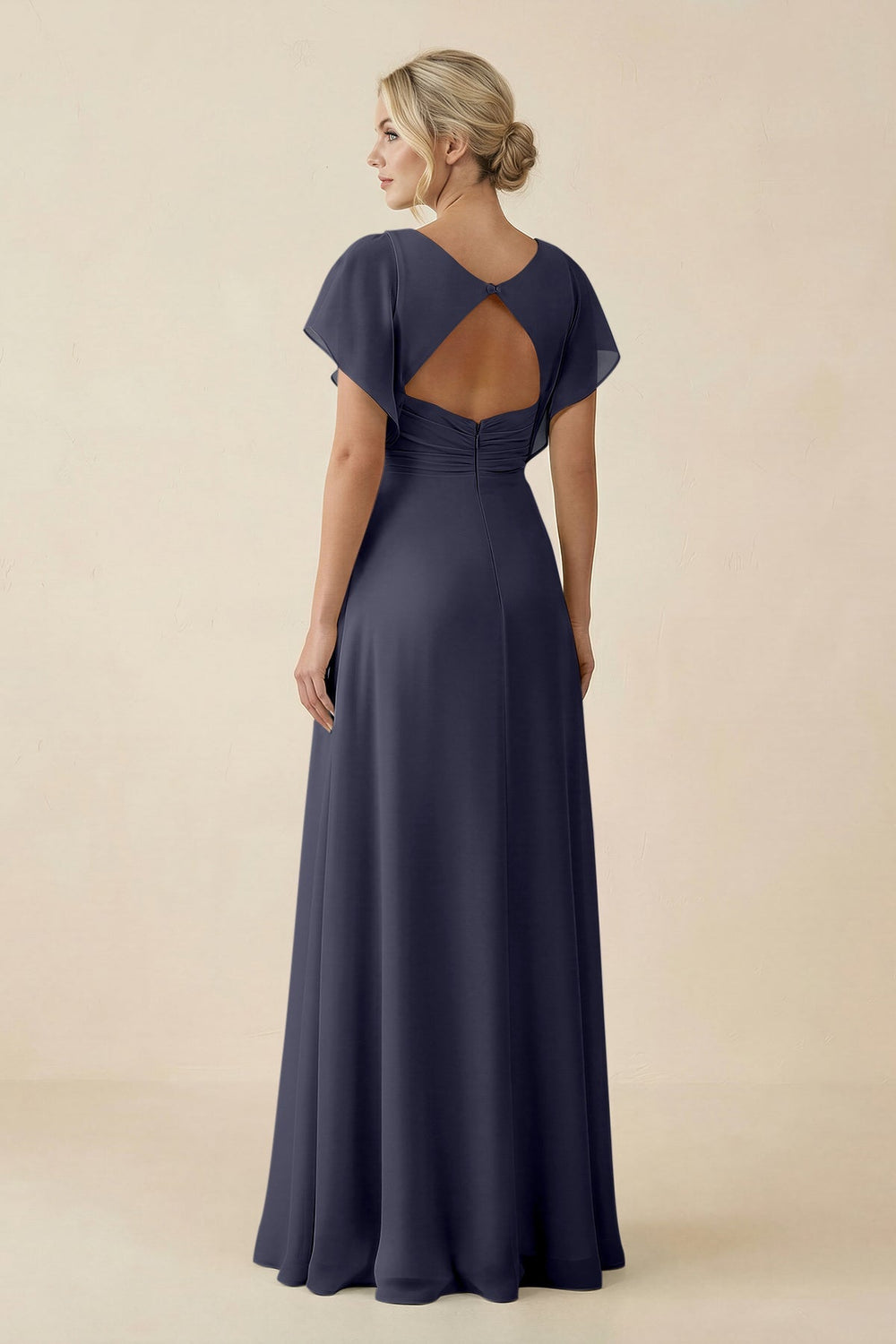V - Neck Cap Sleeve Chiffon Bridesmaid Dress with Cut - out Back in Dusk Blue - KissProm Bridesmaid Dresses