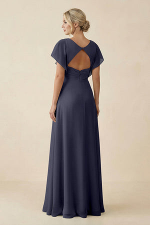 V - Neck Cap Sleeve Chiffon Bridesmaid Dress with Cut - out Back in Dusk Blue - KissProm Bridesmaid Dresses