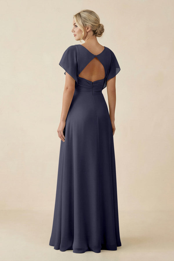 V - Neck Cap Sleeve Chiffon Bridesmaid Dress with Cut - out Back in Dusk Blue - KissProm Bridesmaid Dresses