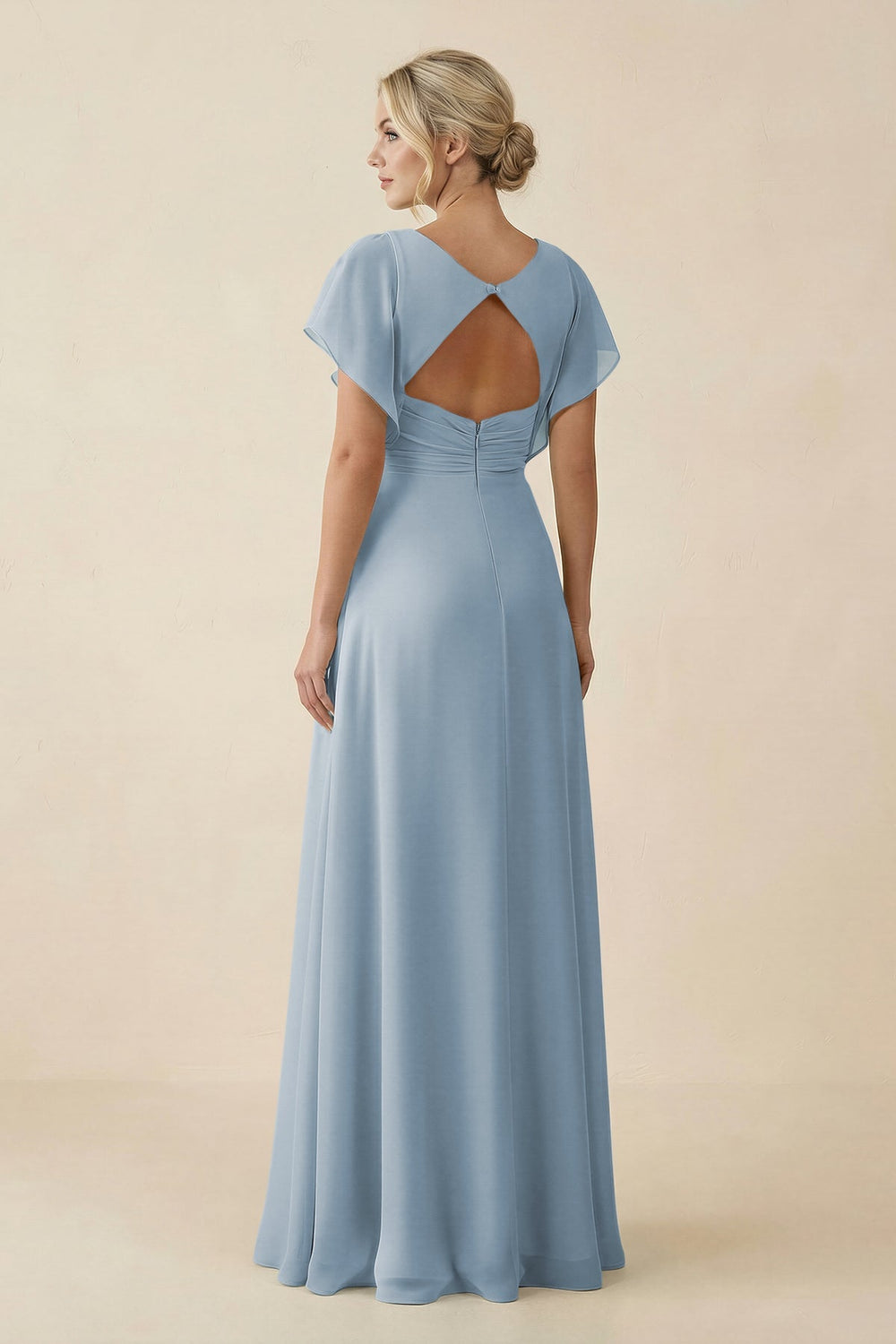 V - Neck Cap Sleeve Chiffon Bridesmaid Dress with Cut - out Back in Dusty Blue - KissProm Bridesmaid Dresses
