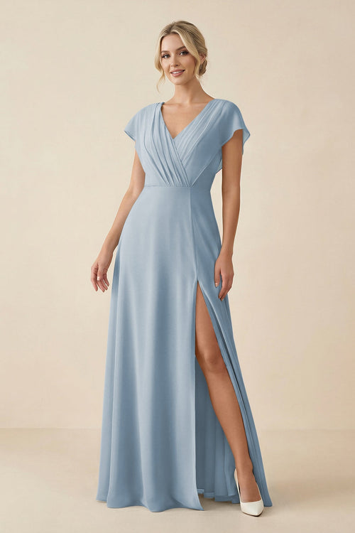 KissProm V-Neck Cap Sleeve Chiffon Bridesmaid Dress with Cut-out Back in Dusty Blue, Dusty Blue / 18