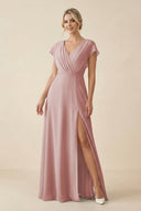V - Neck Cap Sleeve Chiffon Bridesmaid Dress with Cut - out Back in Dusty Rose - KissProm Bridesmaid Dresses