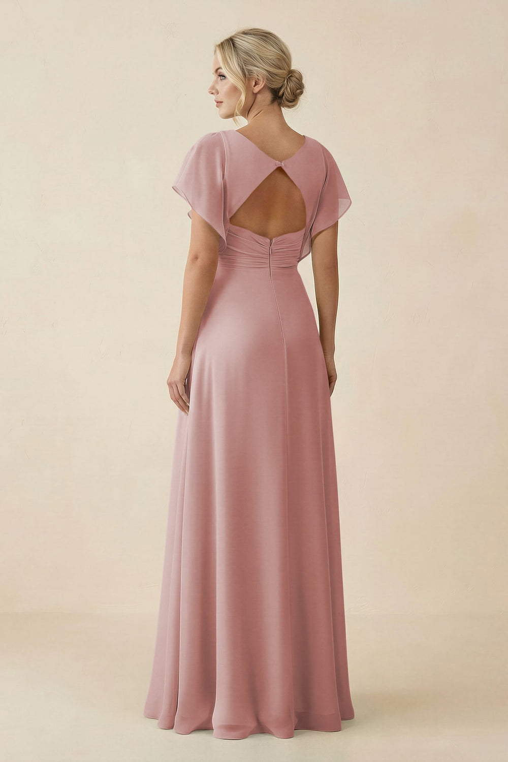V - Neck Cap Sleeve Chiffon Bridesmaid Dress with Cut - out Back in Dusty Rose - KissProm Bridesmaid Dresses