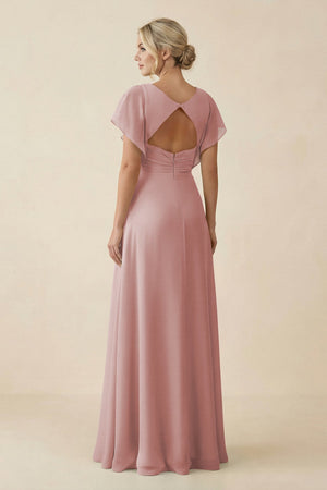 V - Neck Cap Sleeve Chiffon Bridesmaid Dress with Cut - out Back in Dusty Rose - KissProm Bridesmaid Dresses