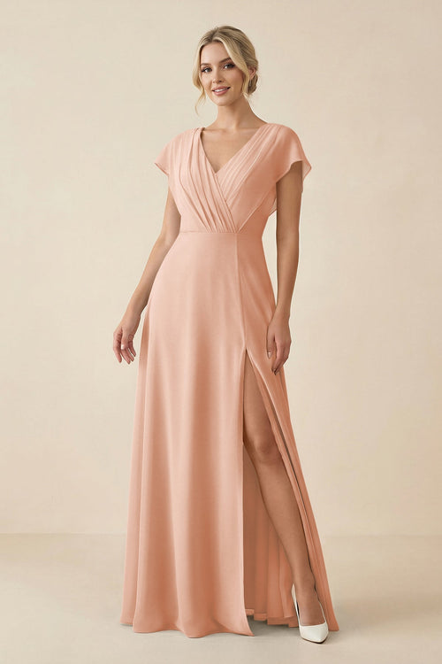 KissProm V-Neck Cap Sleeve Chiffon Bridesmaid Dress with Cut-out Back in English Rose, English Rose / 14