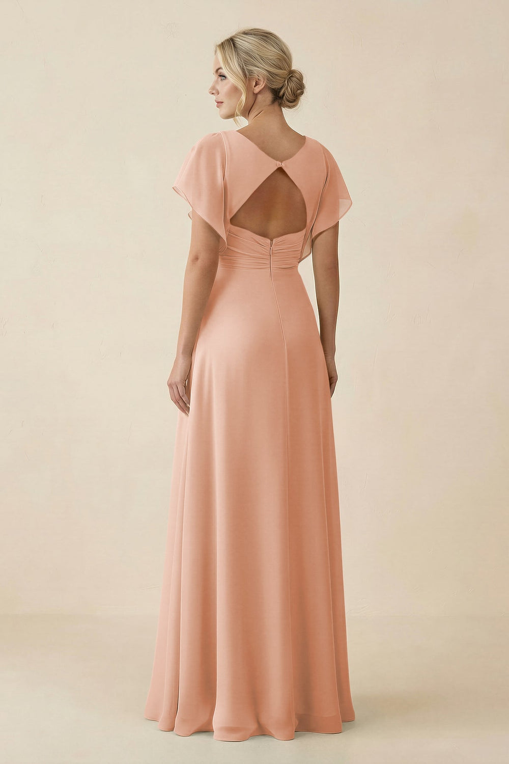 V - Neck Cap Sleeve Chiffon Bridesmaid Dress with Cut - out Back in English Rose - KissProm Bridesmaid Dresses