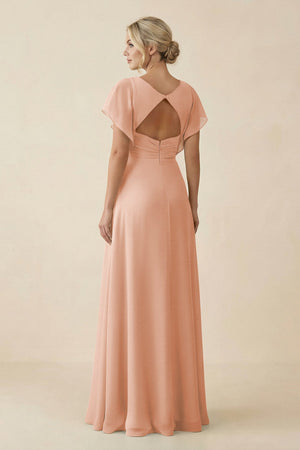 V - Neck Cap Sleeve Chiffon Bridesmaid Dress with Cut - out Back in English Rose - KissProm Bridesmaid Dresses