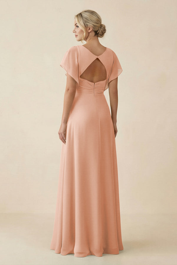 V - Neck Cap Sleeve Chiffon Bridesmaid Dress with Cut - out Back in English Rose - KissProm Bridesmaid Dresses