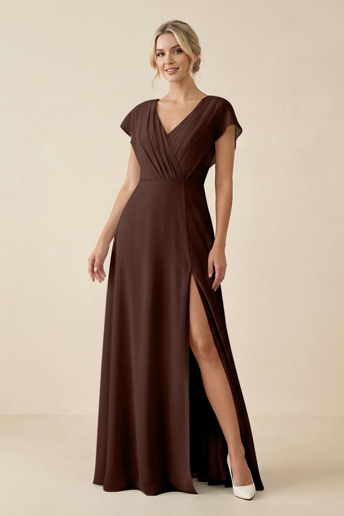 KissProm V-Neck Cap Sleeve Chiffon Bridesmaid Dress with Cut-out Back in Espresso, Espresso / 4