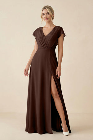 V - Neck Cap Sleeve Chiffon Bridesmaid Dress with Cut - out Back in Espresso - KissProm Bridesmaid Dresses