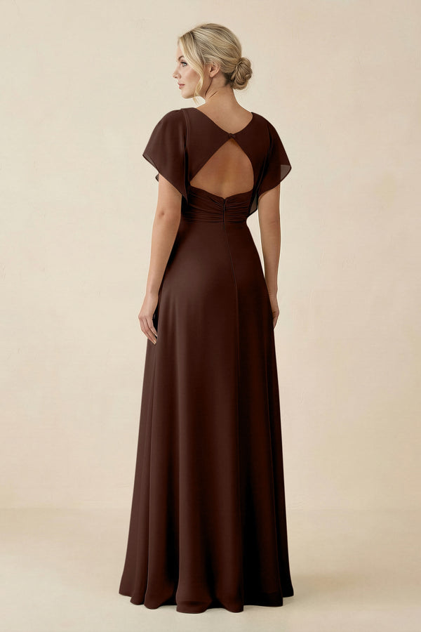 KissProm V-Neck Cap Sleeve Chiffon Bridesmaid Dress with Cut-out Back in Espresso, Espresso / 4