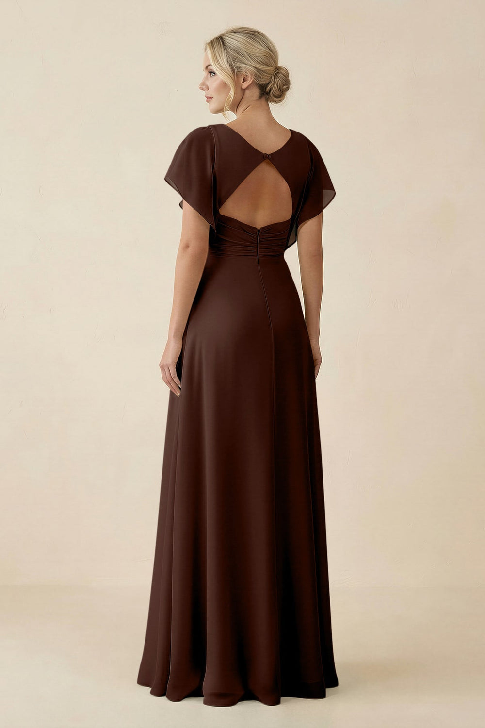 V - Neck Cap Sleeve Chiffon Bridesmaid Dress with Cut - out Back in Espresso - KissProm Bridesmaid Dresses
