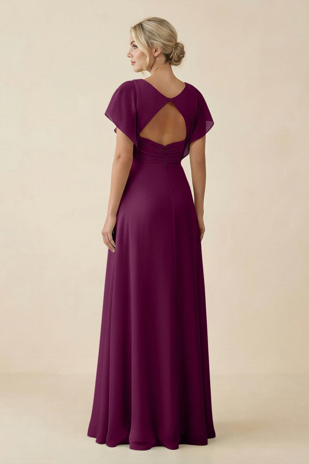 V - Neck Cap Sleeve Chiffon Bridesmaid Dress with Cut - out Back in Fig - KissProm Bridesmaid Dresses