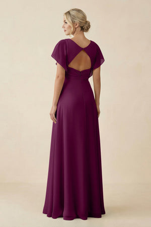 V - Neck Cap Sleeve Chiffon Bridesmaid Dress with Cut - out Back in Fig - KissProm Bridesmaid Dresses
