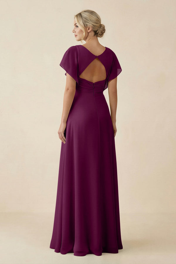 V - Neck Cap Sleeve Chiffon Bridesmaid Dress with Cut - out Back in Fig - KissProm Bridesmaid Dresses