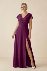 V - Neck Cap Sleeve Chiffon Bridesmaid Dress with Cut - out Back in Fig - KissProm Bridesmaid Dresses