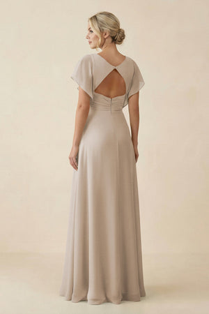 V - Neck Cap Sleeve Chiffon Bridesmaid Dress with Cut - out Back in Frost - KissProm Bridesmaid Dresses