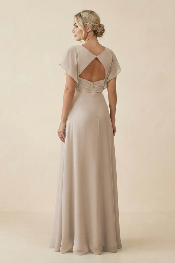 V - Neck Cap Sleeve Chiffon Bridesmaid Dress with Cut - out Back in Frost - KissProm Bridesmaid Dresses